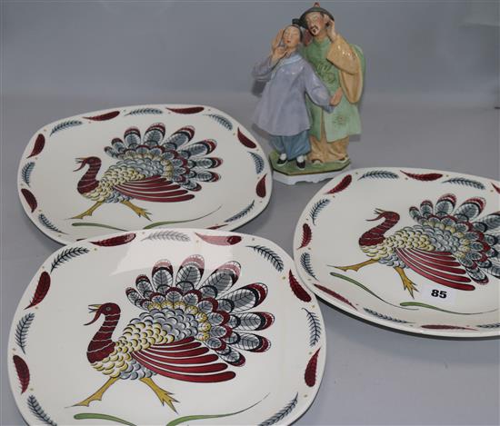 A Royal Copenhagen Chinese figure group and three Midwinter plates
